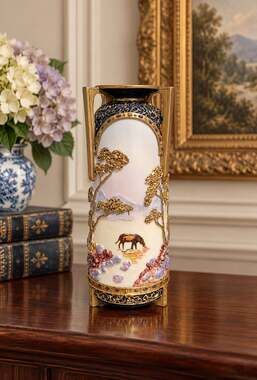 Vintage Sahiba Vase Hand Painted Horse Tree Mountains Flower Vase